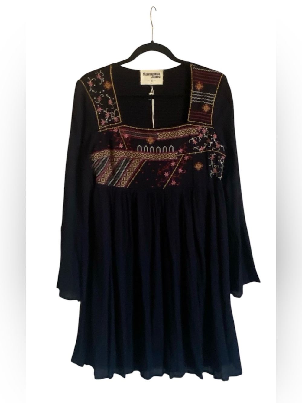 Women’s SAVANNA JANE Black Boho Embroidered Dress Small NWT